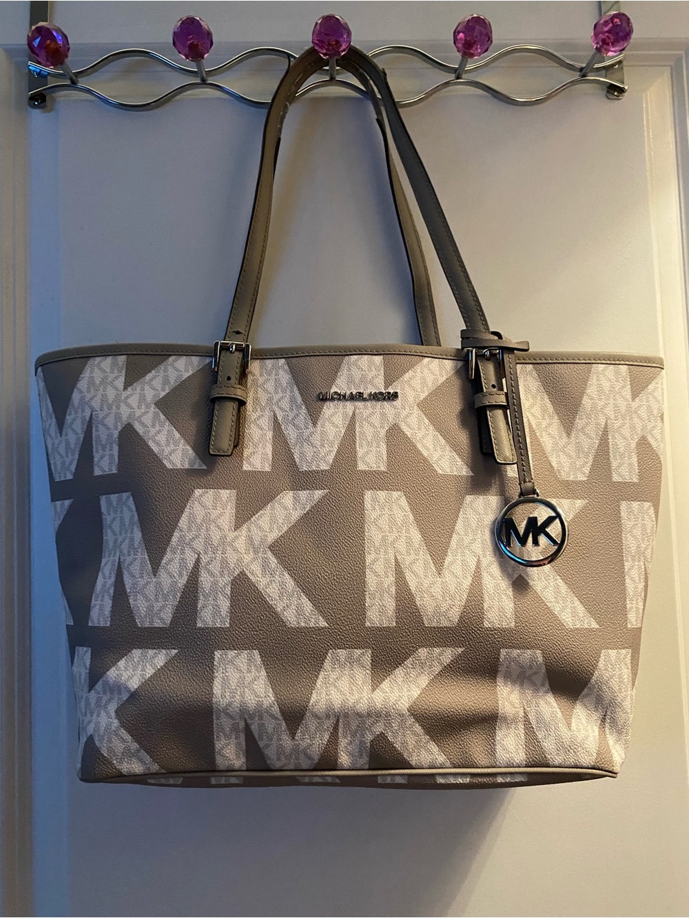 Michael Kors Taupe and White MK Logo Tote with MK Charm